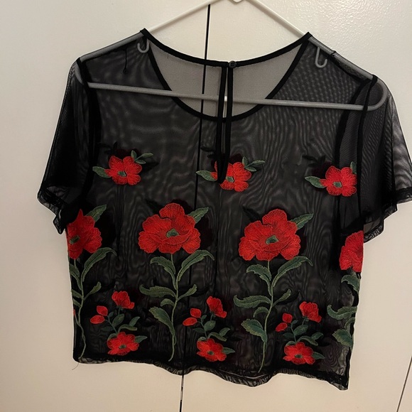 NWOT Floral Embroidered Sheer Black Top - Picture 2 of 4